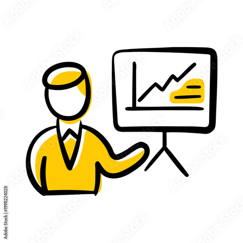 Business coach presenting chart on easel yellow and black hand drawn.