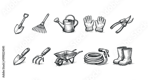 Collection of hand-drawn garden tools and accessories for outdoor work