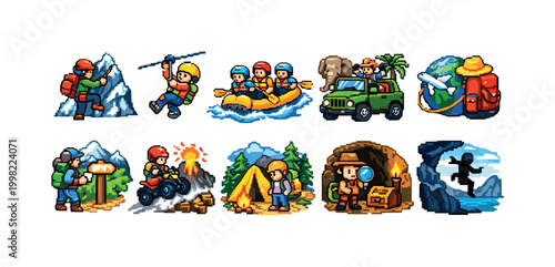 Pixel art collection of diverse adventure and travel activities for exploration