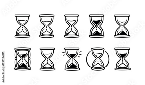 Collection of simple hand-drawn hourglass icons representing time and measurement