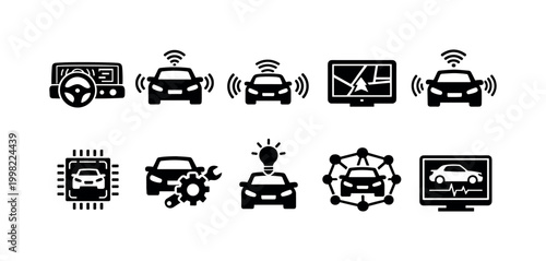 Set of icons representing autonomous driving technology and automotive innovation