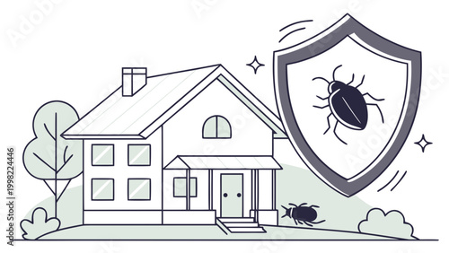 House protected from pests with shield and insects around, home pest control and protection concept with safety and prevention illustration