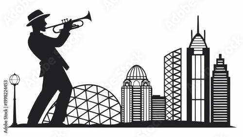 Silhouette of jazz musician playing trumpet with city skyline, international festival concept urban music celebration