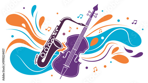 Colorful saxophone and double bass with abstract music waves, international jazz festival in montreal celebration concept vibrant sound illustration