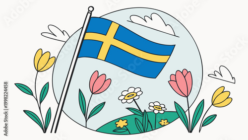 Swedish flag waving among flowers in festive composition, national day of sweden celebration concept with nature elements and soft colors illustration