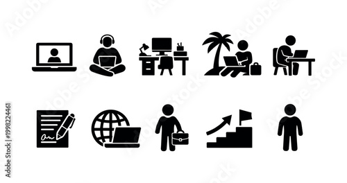 Collection of icons representing remote work, business, and career progression