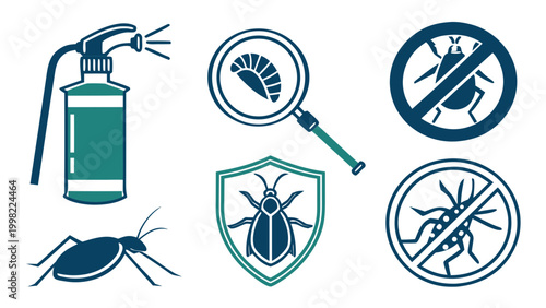 Set of pest control icons with sprayer, insects and prohibition signs, world pest day concept protection and extermination illustration