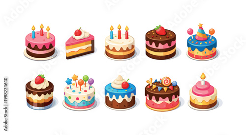 Collection of colorful and decorative birthday cakes with candles and toppings