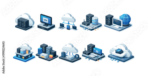 Isometric cloud computing and network infrastructure icons for digital services