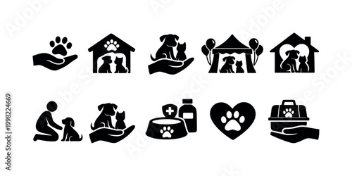 Collection of black and white icons representing pet care and animal welfare services