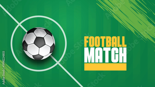 Football Match Banner with Soccer Ball on Green Striped Field and Abstract Brushstrokes Vector