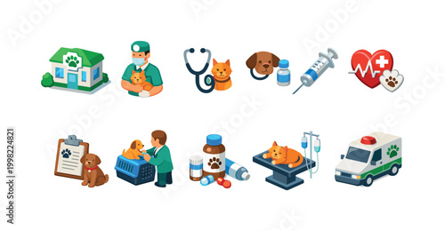 Veterinary clinic icons depicting pet care, medical treatment, and animal rescue services
