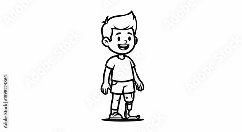 Smiling boy with a prosthetic leg, wearing shorts and a t-shirt