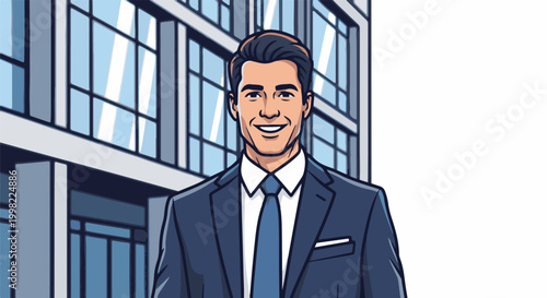 Smiling man in a suit stands in front of a modern building