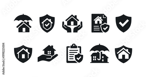 Collection of home insurance icons representing protection and security for property