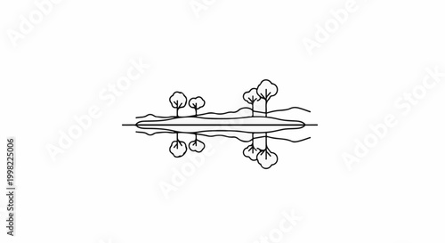 Simple line drawing of trees reflected in water with rolling hills
