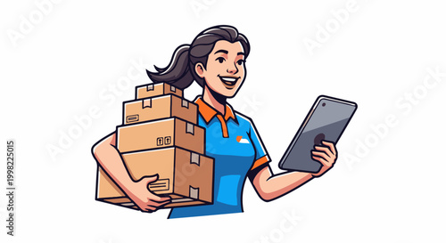 Smiling woman in blue uniform holding boxes and tablet