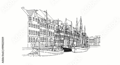 Sketch of historic buildings lining a canal with sailboats docked along the water