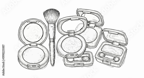 Sketch of makeup brushes and compact powder cases