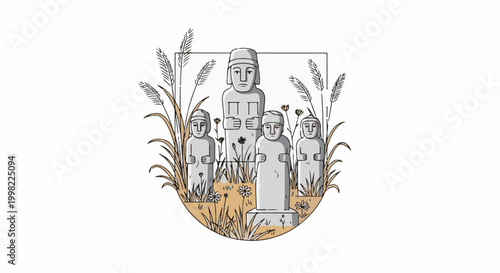 Stone figures stand among grasses and small flowers within a curved frame