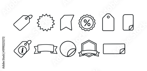 Collection of simple outline icons for labels, tags, and sale promotions