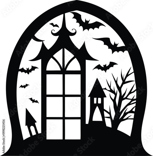 Haunted house silhouette with bats and spooky trees black paper cut style high quality professional detailed
