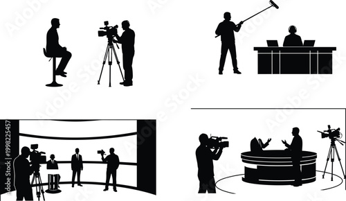Television studio and media production silhouettes featuring camera operators, interview set, news desk, and filming crew isolated on white background