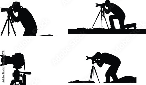 WebPhotographer silhouettes collection capturing images with camera and tripod in various poses isolated on white background for photography and media design