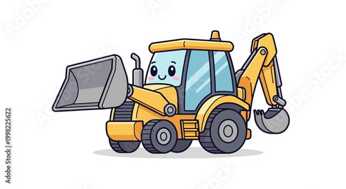 A cartoon backhoe loader with a smiling face is operating outdoors in a construction site.