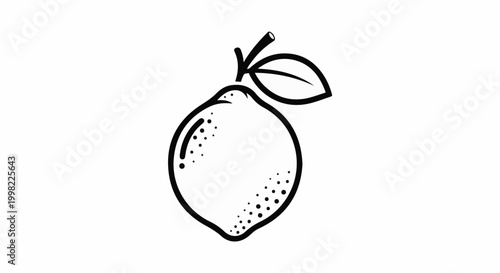 Simple black and white line drawing of a lemon with a leaf and stem