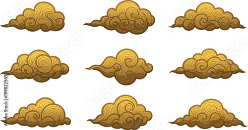 Eight similar golden brown pastry puffs on white background