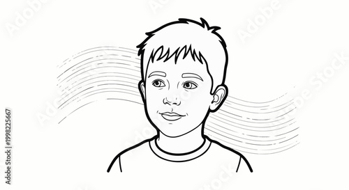 Simple black and white line drawing of a young boy's head and shoulders looking to the side