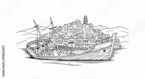 Shipwrecked vessel merges with a Mediterranean village nestled against hills