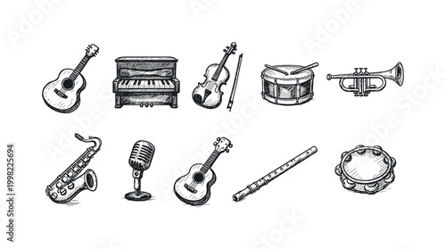 Collection of hand-drawn musical instruments in a simple sketch style