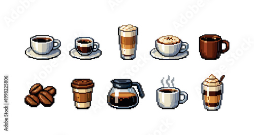 Pixel art collection of various coffee drinks and beans for digital design