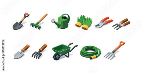 Collection of isometric gardening tools and equipment for outdoor work
