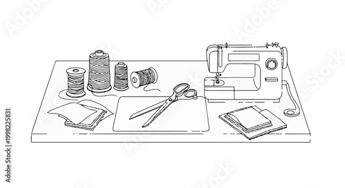 Sewing machine with spools of thread, fabric, and scissors on a table