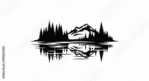 Silhouette of pine trees and a mountain reflected in calm water