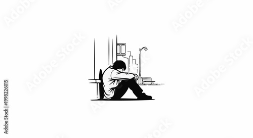 Silhouette of a person sitting alone on a city street at night