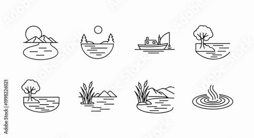 Set of simple vector icons depicting various aquatic environments and outdoor scenes