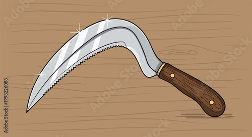 Serrated curved blade tool with a wooden handle rests on wood
