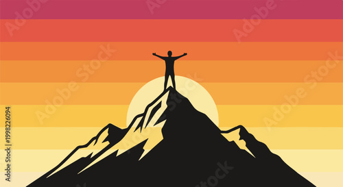 Silhouette of a person with arms outstretched on a mountain peak at sunset