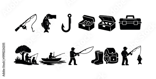 Fishing icons and silhouettes depicting various angling activities and equipment