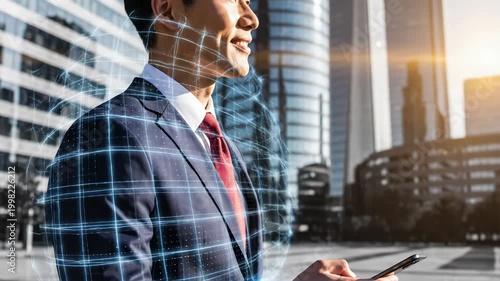 Businessman in a suit using a smartphone with futuristic grid overlay in city