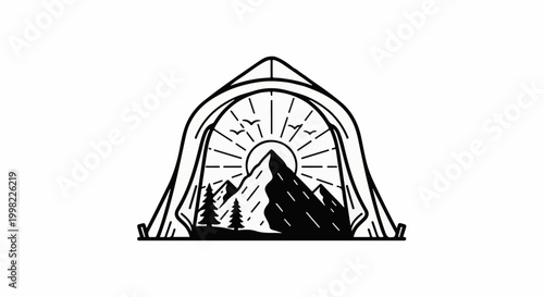 Silhouette of a tent opening to reveal mountain sunrise and birds