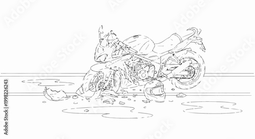 Sketch of a crashed motorcycle with a helmet and debris on the ground