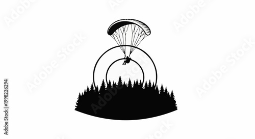 Silhouette of a paraglider soaring over a forest with circular frames