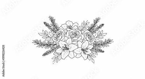 Sketch of a floral arrangement featuring roses, lilies, and foliage