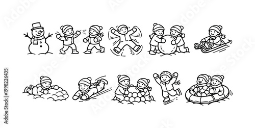 Children enjoying various winter activities like sledding, snowball fights, and building a snowman