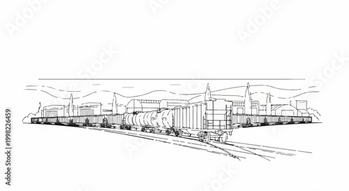 Sketch of a freight train with various cars parked at an industrial site